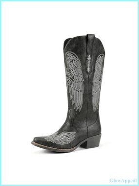 Western Cowboy Boots Faux Leather Mid-Calf Angel Wings Embroidered Pointed Toe